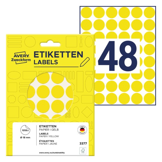 Imaginea ambalajului cu coli de etichete: Puncte de marcare Avery Zweckform, articol: 3377, format: ⌀ 18 mm, conținut: 1.056 puncte de marcare / 22 coli, 48 puncte de marcare/coală?