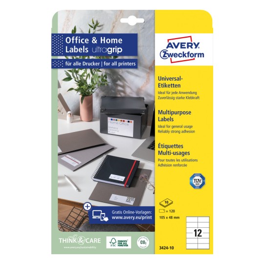 Imagine pachet: Avery Zweckform Etichete universale, adezive permanent, Articol: 3424-10, Format: 105 x 48 mm, Compatibilitate imprimare: Inkjet, Laser alb-negru, Laser color, Conținut: 120 etichete / 10 coli, 12 etichete/coală?