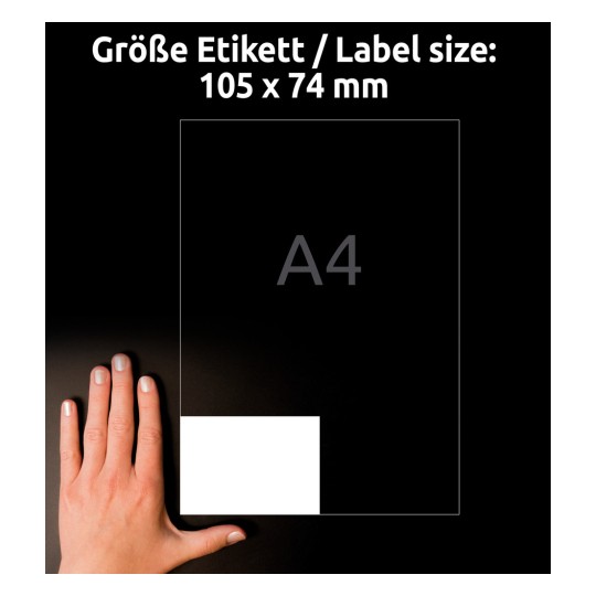 Comparație de dimensiuni cu mâna, articol: 3427, o foaie de etichete universale, format: 105 x 74 mm, culoare: alb?