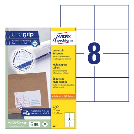 Imagine ambalajului cu coli de etichete: Etichete universale Avery Zweckform, Articol: 3427, Format: 105 x 74 mm, Compatibilitate tipărire: Inkjet, Laser alb-negru, Laser color, Conținut: 800 etichete / 100 coli, 8 etichete/coala.