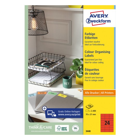 Imaginea pachetului: Avery Zweckform Etichete colorate, adezive permanente, Articol: 3448, Format: 70 x 37 mm, Potrivite pentru imprimantă: Inkjet, Laser monocrom, Laser color, Conținut: 2.400 etichete / 100 foi, 24 etichete/foaie.