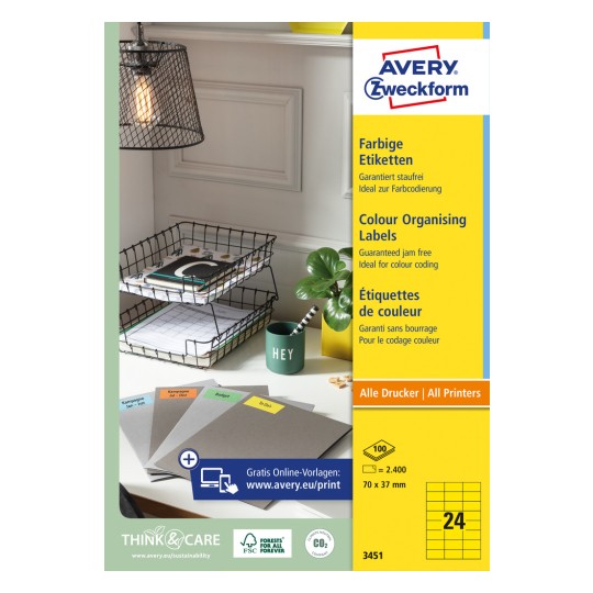 Imagine pachet: Avery Zweckform Etiquete colorate, adezive permanent, Articol: 3451, Format: 70 x 37 mm, Potrivit pentru tipărire: Inkjet, Laser alb-negru, Laser color, Conținut: 2.400 etichete / 100 coli, 24 etichete/colă.