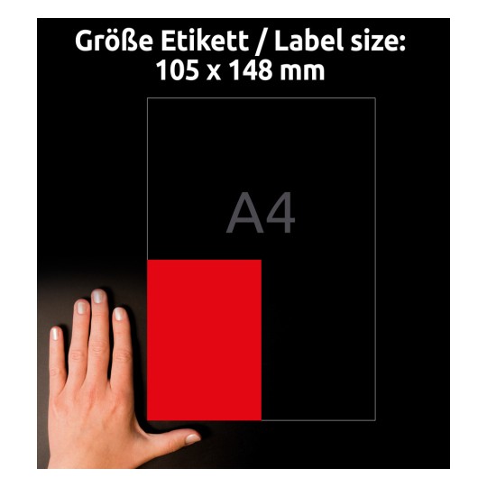 Comparație de mărime cu mâna, Articol: 3456, o coală de etichete colorate, format: 105 x 148 mm, culoare: roșu.