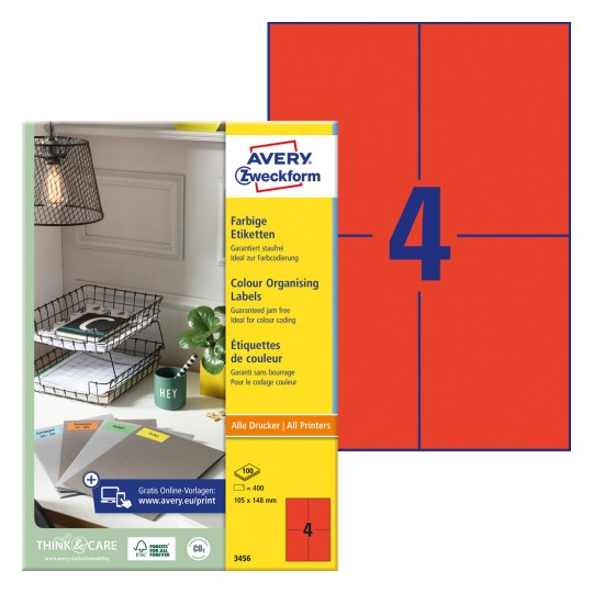 Imagine pachetului cu foaie de etichete: Avery Zweckform Etichete colorate, Articol: 3456, Format: 105 x 148 mm, Compatibilitate pentru imprimantă: Inkjet, Laser alb-negru, Laser color, Conținut: 400 etichete / 100 foi, 4 etichete/foaie.