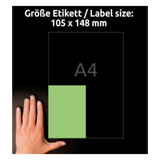 Comparare dimensiuni cu mâna, articol: 3458, o foaie etichete colorate, format: 105 x 148 mm, culoare: verde.