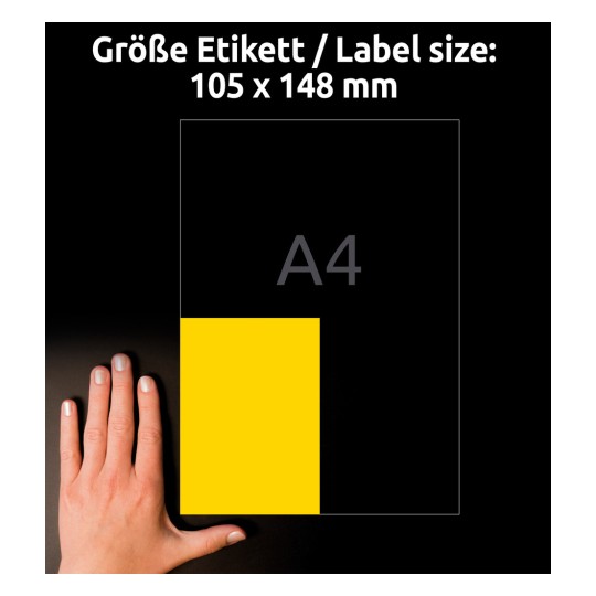 Compararea dimensiunilor cu mâna, Articol: 3459, o coală de etichete colorate, format: 105 x 148 mm, culoare: galben?