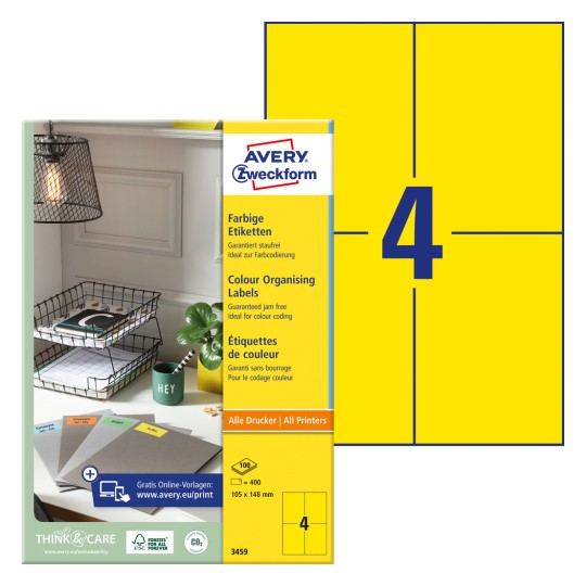 Imagine ambalaj cu foaie de etichete: Avery Zweckform Etichete Colorate, Articol: 3459, Format: 105 x 148 mm, Potrivire pentru imprimantă: Inkjet, laser alb-negru, laser color, Conținut: 400 etichete / 100 foi, 4 etichete/foaie.