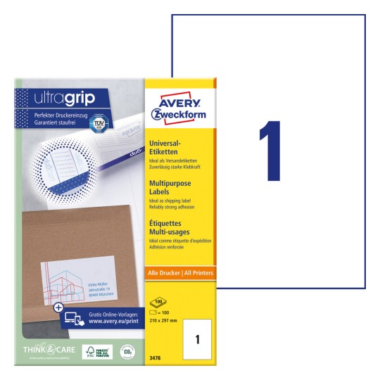Imagine pachet cu foaie de etichete: Etichete universale Avery Zweckform, Articol: 3478, Format: 210 x 297 mm, Compatibilitate imprimantă: Inkjet, Laser alb-negru, Laser color, Conținut: 100 etichete / 100 foi, 1 etichetă/foaie.