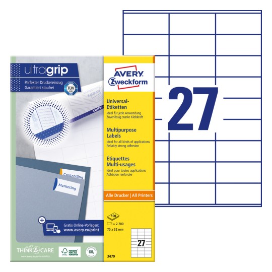 Imagine pachet cu foi de etichete: Avery Zweckform Etichete Universale, Articol: 3479, Format: 70 x 32 mm, Potrivite pentru imprimante: Inkjet, Laser alb-negru, Laser color, Conținut: 2.700 etichete / 100 foi, 27 etichete/foaie.