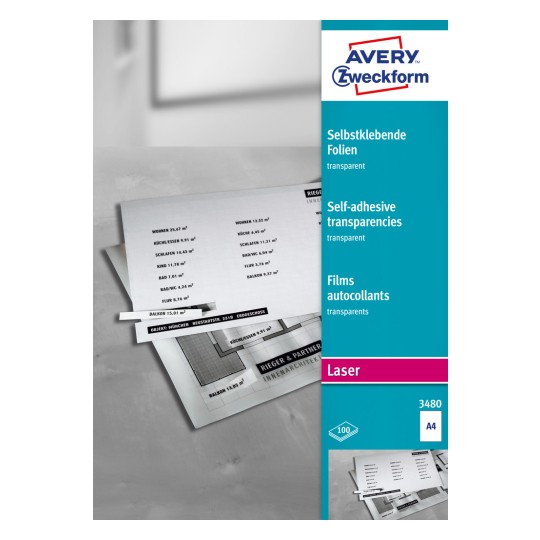 Imaginea ambalajului: Avery Zweckform Folii transparente, autoadezive, Articol: 3480, Format: 210 x 297 mm, Potrivit pentru imprimante: laser color, laser alb-negru, copiator, Conținut: 100 coli, /foaie?