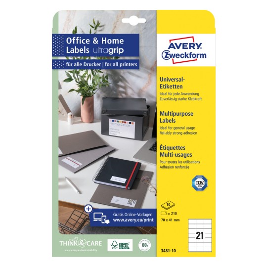 Imagine pachet: Avery Zweckform Etichete universale, adezive permanent, Articol: 3481-10, Format: 70 x 41 mm, Compatibilitate imprimantă: Inkjet, Laser alb-negru, Laser color, Conținut: 210 etichete / 10 coli, 21 etichete/coală.