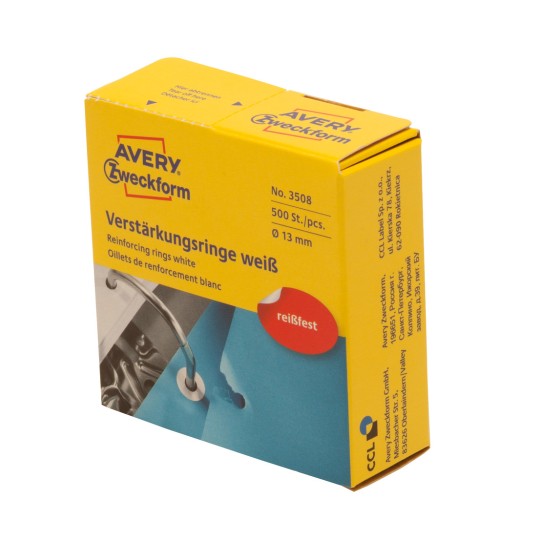Imagine pachet: Inele de consolidare Avery Zweckform, Articol: 3508, Format: ⌀ 13 mm, Conținut: 500 inele de consolidare / 1 rolă, 500 inele de consolidare/rolă?