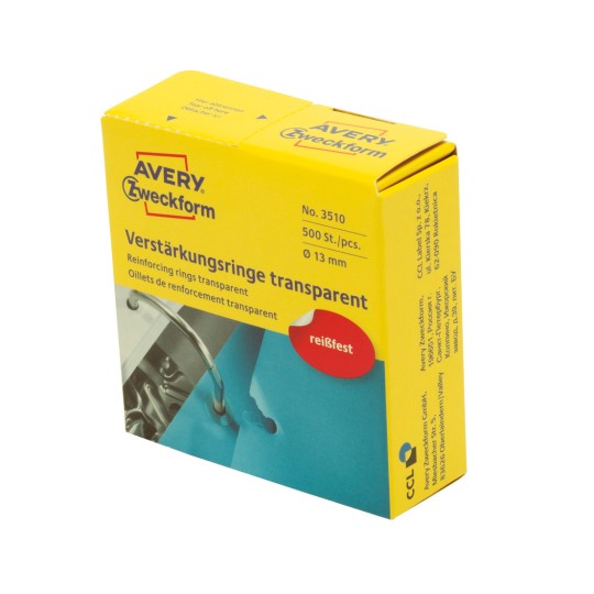 Ilustrația ambalajului: Avery Zweckform inele de întărire, Articol: 3510, Format: ⌀ 13 mm, Conținut: 500 inele de întărire / 1 rolă, 500 inele de întărire/rolă?