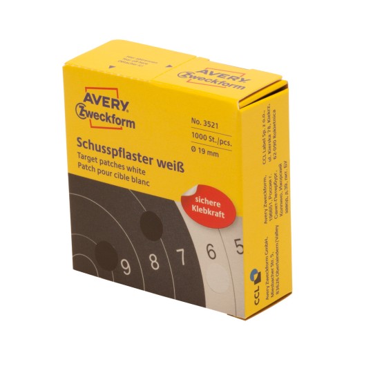 Imagine ambalaj: Etichete corectoare și de acoperire Avery Zweckform, Articol: 3521, Dimensiuni: ⌀ 19 mm, Conținut: 1.000 de etichete / 1 rolă, 1.000 de etichete/rolă.