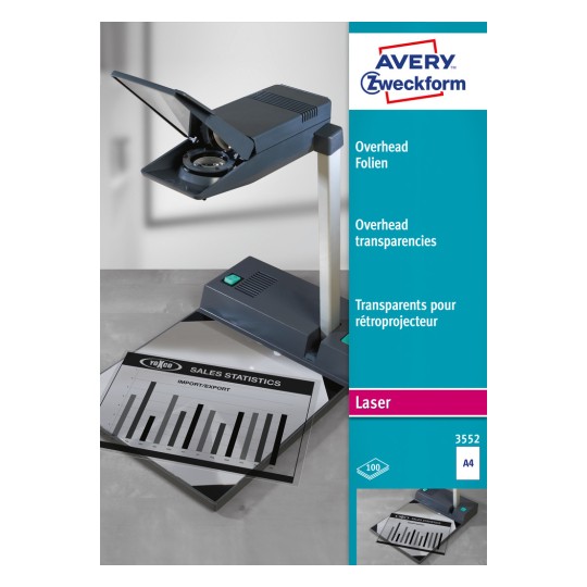 Imagine de pachet: Avery Zweckform Folii transparente pentru proiector pentru imprimante laser alb-negru și copiatoare, Articol: 3552, Format: 210 x 297 mm, Potrivit pentru: Laser alb-negru, Copiator, Conținut: 100 coli.