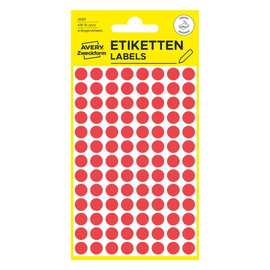 Imagine pachet: Avery Zweckform puncte de marcare colorate, Articol: 3589, Format: ⌀ 8 mm, Conținut: 416 puncte de marcare / 4 coli, 104 puncte de marcare/colă?