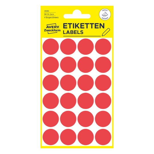 Imagine pachet: Avery Zweckform Puncte de marcare colorate, Articol: 3595, Format: ⌀ 18 mm, Conținut: 96 de puncte de marcare / 4 coli, 24 de puncte de marcare/col.
