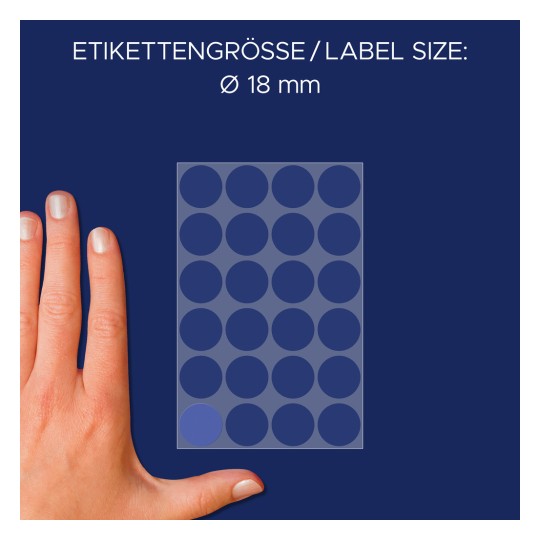 Comparație de dimensiune cu mâna, articol: 3596, o foaie de puncte de marcare, format: ⌀ 18 mm, culoare: albastru?