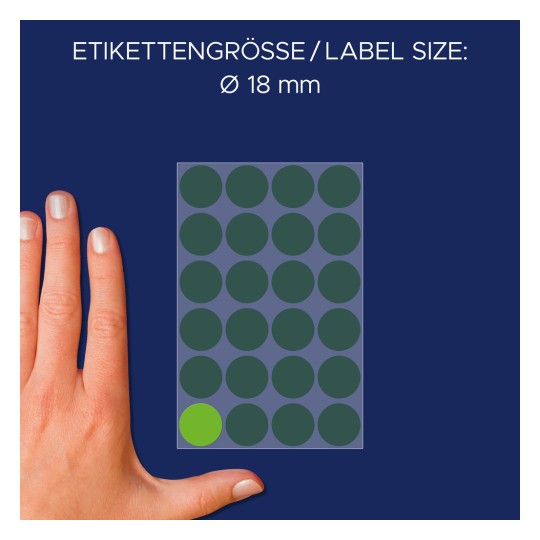 Comparație de dimensiune cu mâna, articol: 3597, o foaie de puncte de marcare, format: ⌀ 18 mm, culoare: verde.
