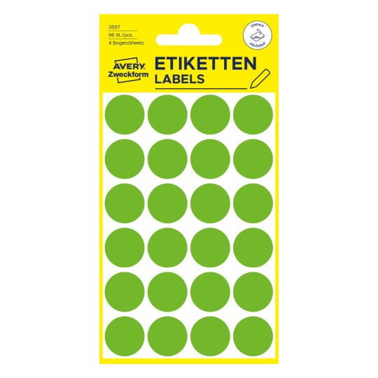 Imagine pachet: Avery Zweckform Puncte de marcare colorate, Articol: 3597, Format: ⌀ 18 mm, Conținut: 96 puncte de marcare / 4 coli, 24 puncte de marcare/coală.