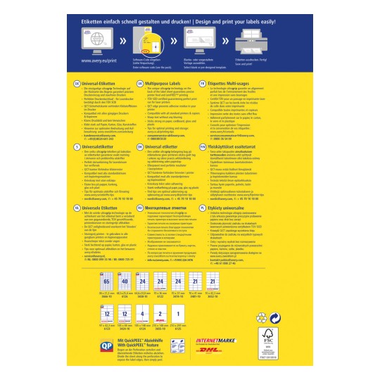 Imaginea conține informații despre etichetele Avery, detaliind diferitele lor tipuri, utilizări și instrucțiuni de imprimare în mai multe limbi, inclusiv germană, engleză, franceză, finlandeză, olandeză, rusă și poloneză. Aceasta prezintă produse precum etichetele universale și etichetele multifuncționale, împreună cu specificațiile lor și sfaturi pentru imprimare.