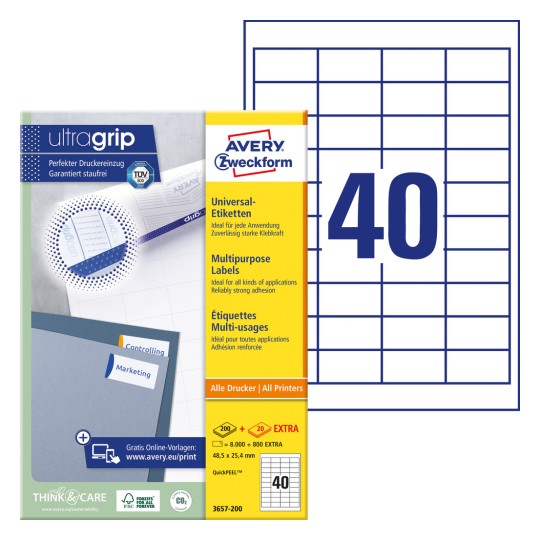 Imagine pachet cu set de etichete: Avery Zweckform Etichete universale, Articol: 3657, Format: 48,5 x 25,4 mm, Tipărire compatibilă: Inkjet, Laser alb-negru, Laser color, Conținut: 4.000 de etichete / 100 de coli, 40 de etichete/coală.
