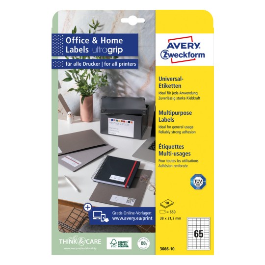 Imagine pachet: Etichete universale Avery Zweckform, cu aderență permanentă, Articol: 3666-10, Format: 38 x 21,2 mm, Potrivite pentru imprimantă: Inkjet, Laser alb-negru, Laser color, Conținut: 650 etichete / 10 coli, 65 etichete/coala.