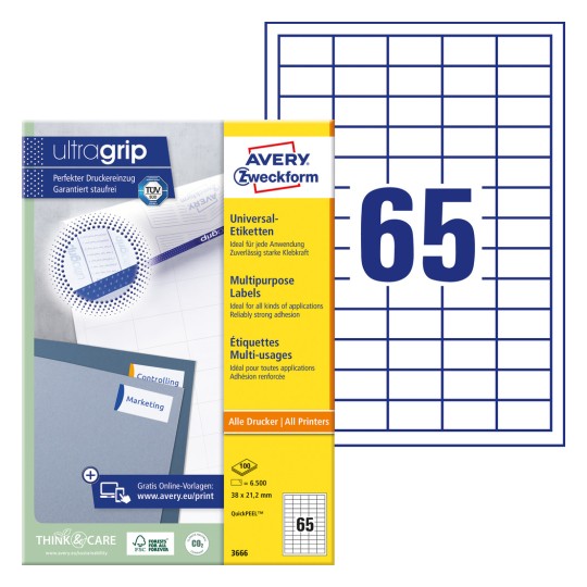 Imaginea pachetului cu coală de etichete: Avery Zweckform Etichete universale, Articol: 3666, Format: 38 x 21,2 mm, Potrivire imprimantă: Inkjet, Laser alb-negru, Laser color, Conținut: 6.500 de etichete / 100 coli, 65 etichete/coală.