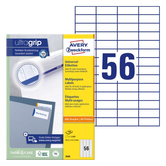 Imagine cu ambalaj cu foaie de etichete: Avery Zweckform Etichete Universale, Articol: 3668, Format: 52,5 x 21,2 mm, Compatibilitate cu imprimante: Inkjet, Laser alb-negru, Laser color, Conținut: 5.600 etichete / 100 coli, 56 etichete/coală.