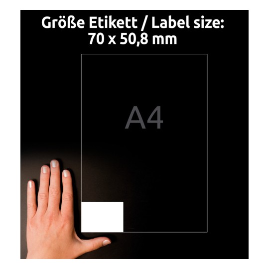 Comparare de dimensiune cu mâna, articol: 3669, o coală de etichete universale, format: 70 x 50,8 mm, culoare: albă.