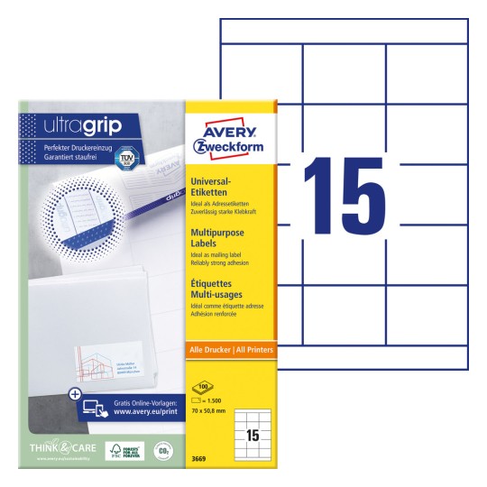 Imagine cutiei cu file de etichete: Avery Zweckform etichete universale, articol: 3669, format: 70 x 50,8 mm, compatibilitate cu imprimante: Inkjet, Laser alb-negru, Laser color, conținut: 1.500 etichete / 100 coli, 15 etichete/coală.