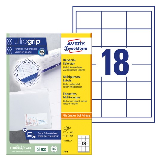 Imagine pachet cu foi de etichete: Avery Zweckform Etichete Universale, Articol: 3671, Format: 64 x 45 mm, Compatibilitate imprimantă: Inkjet, Laser alb-negru, Laser color, Conținut: 1.800 etichete / 100 foi, 18 etichete/foaie.