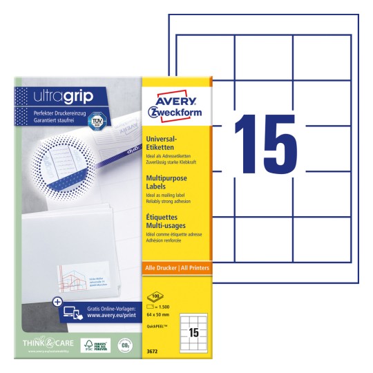 Imaginea ambalajului cu foaie de etichete: Etichete universale Avery Zweckform, Articol: 3672, Format: 64 x 50 mm, Adecvare pentru imprimantă: Inkjet, Laser alb-negru, Laser color, Conținut: 1.500 de etichete / 100 coli, 15 etichete/coală?