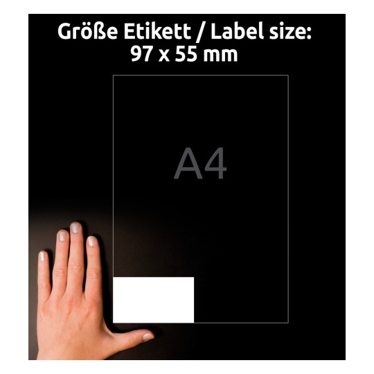 Comparare de dimensiuni cu mâna, Articol: 3679, o coală de etichete universale, Format: 97 x 55 mm, Culoare: Alb?