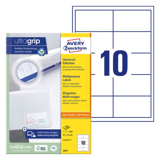 Imagine cu etichete: Avery Zweckform Etichete Universale, Articol: 3679, Format: 97 x 55 mm, Compatibilitate imprimantă: Inkjet, Laser monocrom, Laser color, Conținut: 1.000 etichete / 100 foi, 10 etichete/foaie.