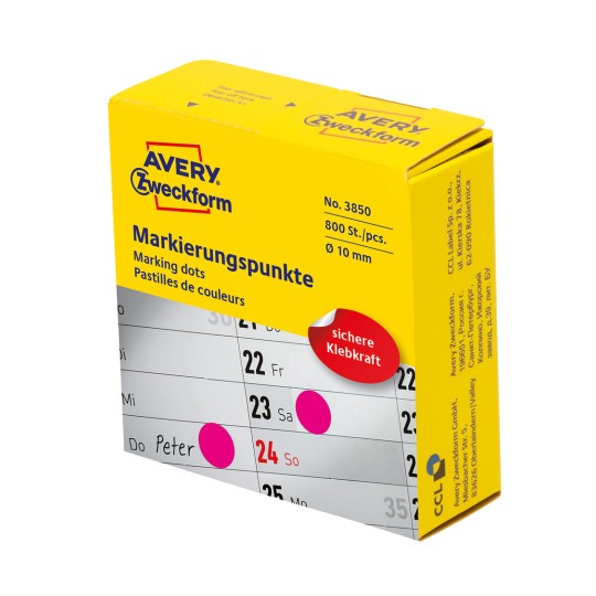Imagine ambalaj: Puncte de marcare colorate Avery Zweckform, Articol: 3850, Format: ⌀ 10 mm, Conținut: 800 puncte de marcare / 1 rolă, 800 puncte de marcare/rolă?
