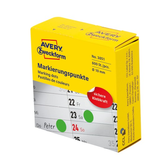 Ilustrație pe ambalaj: Puncte de marcare colorate Avery Zweckform, Articol: 3851, Format: ⌀ 10 mm, Conținut: 800 de puncte de marcare / 1 rolă, 800 de puncte de marcare/rolă.