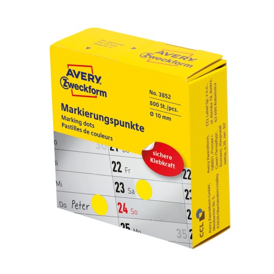 Imagine ambalaj: Avery Zweckform Puncte de Marcare Colorate, Articol: 3852, Format: ⌀ 10 mm, Conținut: 800 de puncte de marcare / 1 rolă, 800 de puncte de marcare/rolă.