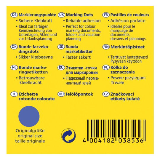 Imaginea prezintă un ambalaj de produs cu etichete în diverse limbi care descriu punctele de marcare și utilizările acestora, inclusiv pentru aderență fiabilă în marcarea documentelor color.