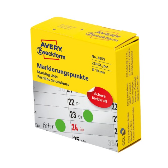 Imagine de ambalaj: Avery Zweckform Puncte de marcare colorate, Articol: 3855, Format: ⌀ 19 mm, Conținut: 250 de puncte de marcare / 1 rolă, 250 de puncte de marcare/rolă