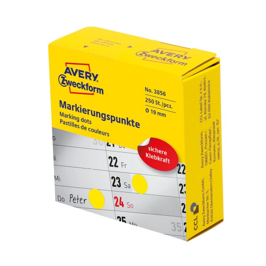 Imagine pachet: Puncte de marcare colorate Avery Zweckform, Articol: 3856, Format: ⌀ 19 mm, Conținut: 250 puncte de marcare / 1 rolă, 250 puncte de marcare/rolă.
