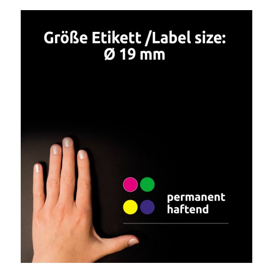 Comparație de dimensiuni cu mâna, Articol: 3857, o foaie de puncte de marcare, Format: ⌀ 19 mm, Culoare: Albastru?