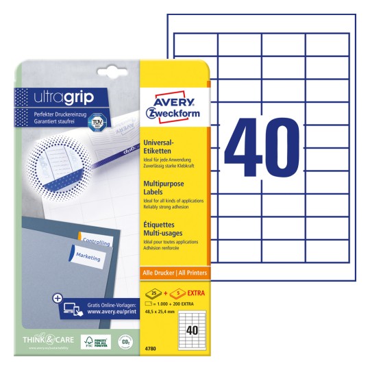 Imagine pachet cu set de etichete: Avery Zweckform Etichete Universale, Articol: 4780, Format: 48,5 x 25,4 mm, Potrivire cu imprimanta: Inkjet, Laser alb-negru, Laser color, Conținut: 1.200 etichete / 30 coli, 40 etichete/coală.
