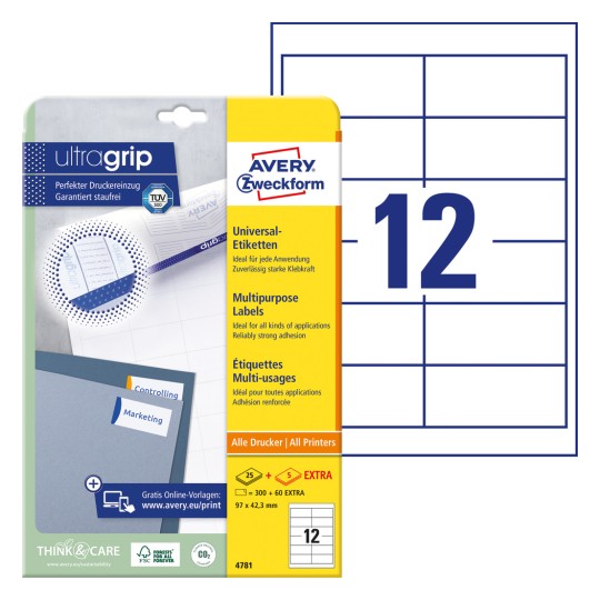 Ilustrația pachetului cu foaie de etichete: Etichete universale Avery Zweckform, Articol: 4781, Format: 97 x 42,3 mm, Potrivite pentru imprimare: Inkjet, Laser alb-negru, Laser color, Conținut: 360 etichete / 30 foi, 12 etichete/foaie?