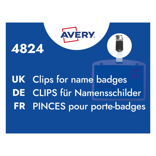 Card de produs albastru cu text alb „4824” și etichetă multilingvă „Clips for name badges” și imagine cu clips pentru ecuson?