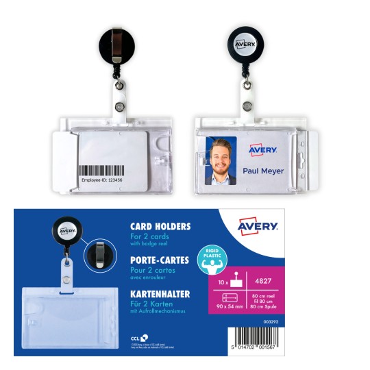 Imaginea afișează suporturi de carduri Avery pentru două carduri cu un mecanism retractabil pentru ecuson. Unul dintre suporturi arată un nume, Paul Meyer, cu o fotografie, în timp ce celălalt are un cod de bare și un ID de angajat.