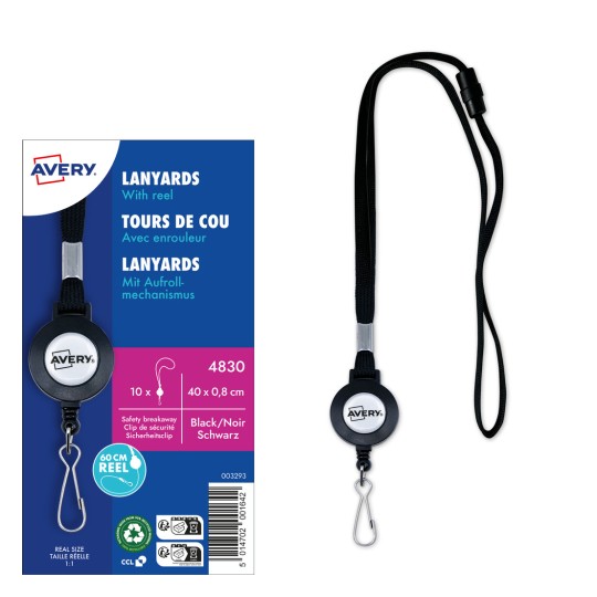 Imaginea arată un ambalaj pentru lănțișoare Avery cu un tambur, care include un lănțișor, un clips cu desprindere de siguranță și detalii în engleză și franceză.