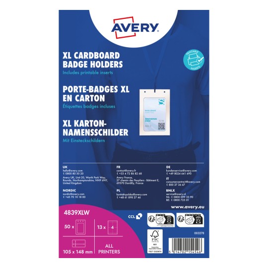 Partea din față a pachetului pentru suporturile de ecusoane din carton Avery XL, cu șnur și ecuson de probă?