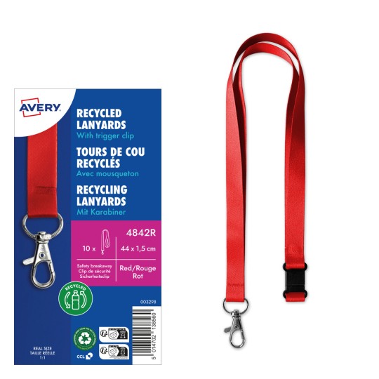 Imaginea prezintă un pachet de șnururi reciclate de culoare roșie cu un clips cu trăgaci, afișând detalii despre produs, inclusiv dimensiuni și cantitate.