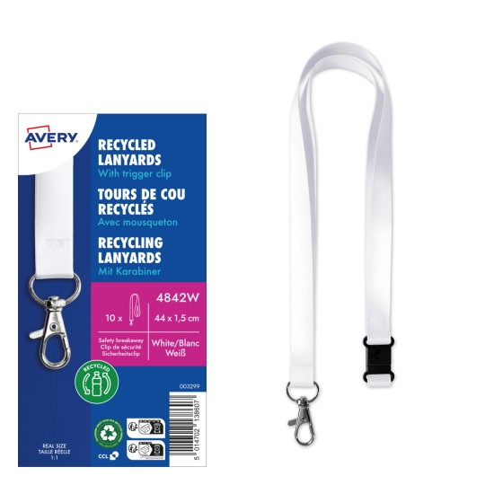 Imaginea prezintă șnururi reciclate cu o clemă de declanșare, evidențiind detalii de ambalare precum dimensiunea și sustenabilitatea ambientală. Șnururile par a fi albe.